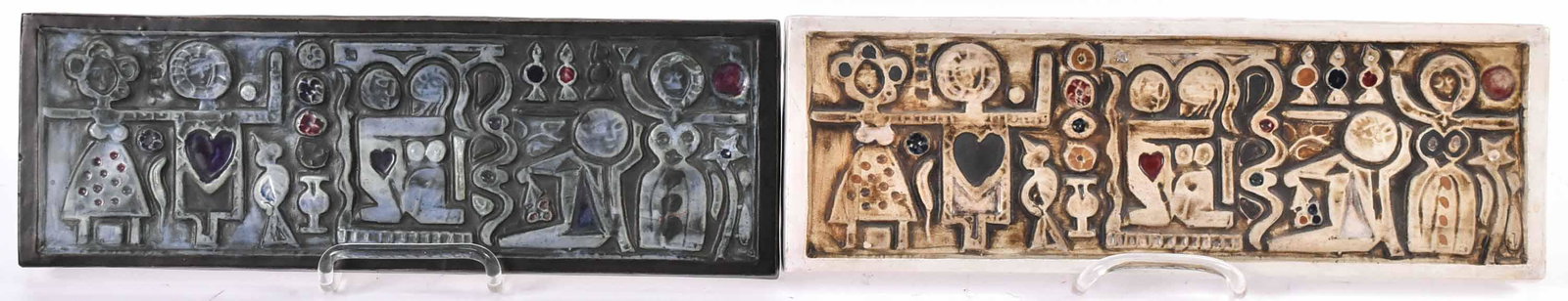 Two Troika St Ives Love Plaques: English Mid Century Modern Abstract pottery. Worked in white/browns and in blue/greens. 5"h x 15"l