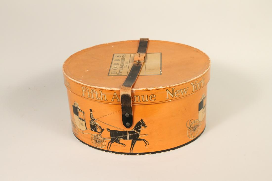 Dobbs Fifth Avenue Hats New York: Dobbs Fifth Avenue Hats New York oval hat box. Used condition, wear, worn. 14 3/4" long x 12 1/2" x 7" tall