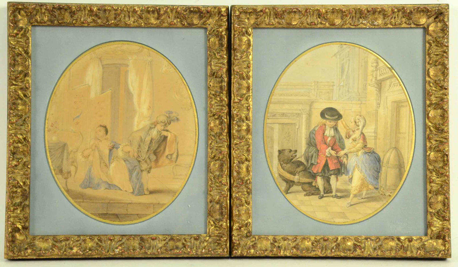 Pair of Watercolors of French Men and Women: In the style of Francois Boucher (French, 1703-1770) Sight size: 9"h x 7-1/2"w