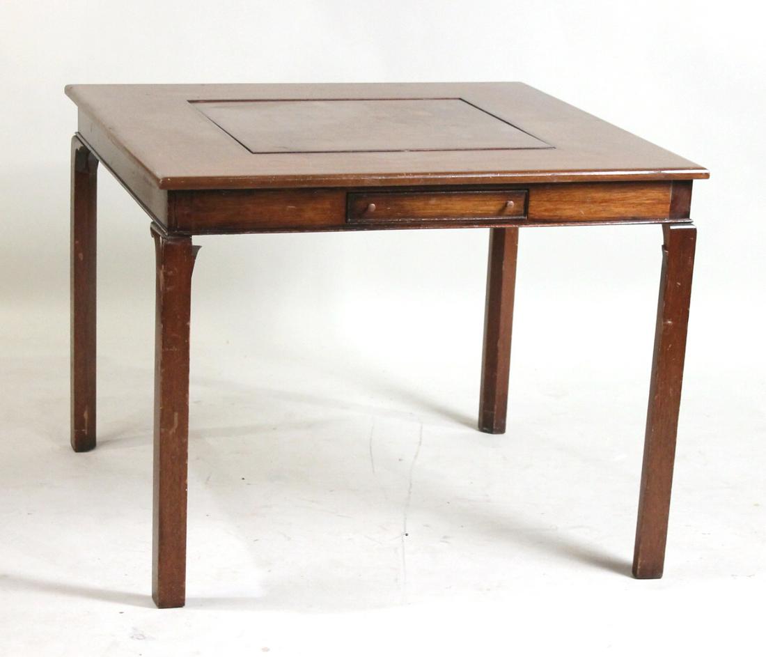 Mahogany Inlaid Games Table: 20th C., with center flipping to chessboard or backgammon. Missing pieces, 28-1/4"h x 36"sq.