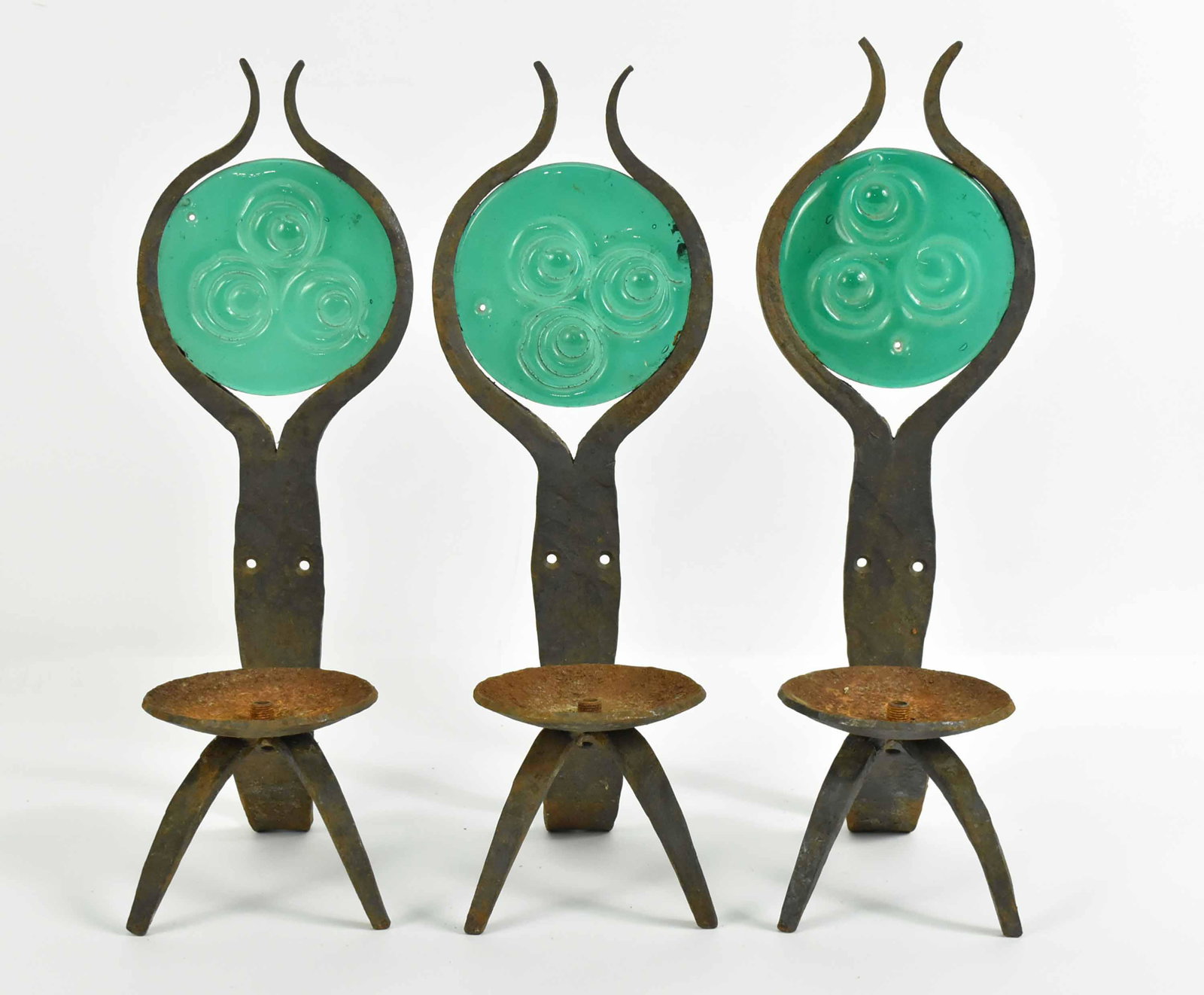Three Arts & Crafts Iron and Glass Sconces: 14"h