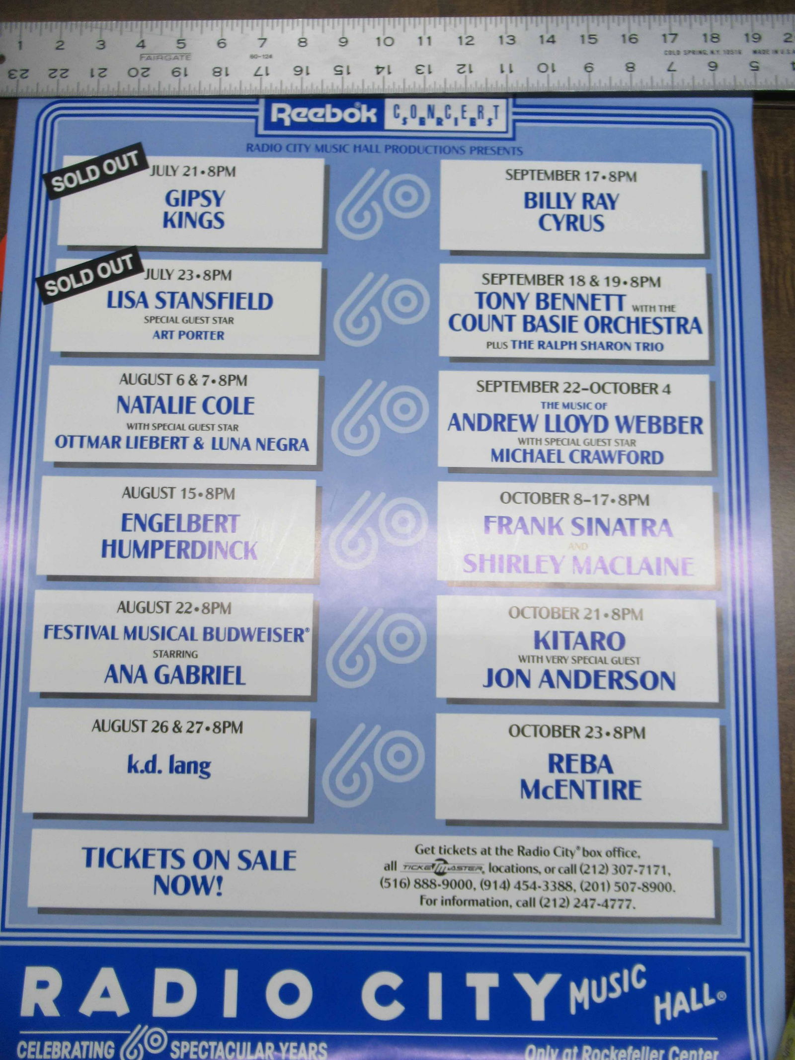 Group of Radio City Music Hall Concert Posters.: Group of Radio City Music Hall Concert Posters. Including Cure, Harry Belafonte, Gypsy King, Julio Iglesias, Kitaro and Reebok Concert Series.