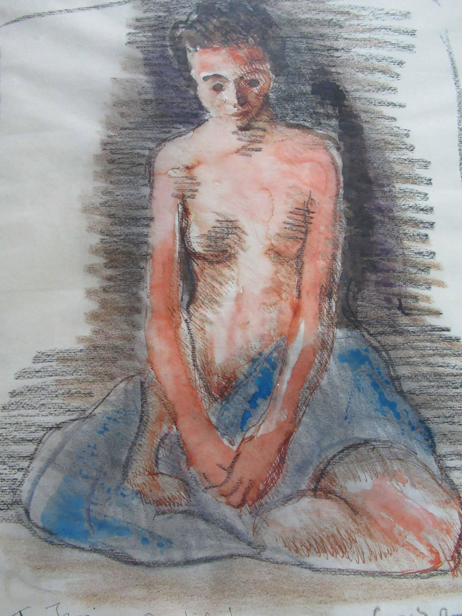 Moses Soyer Mixed Media of Nude Woman: Moses Soyer 1899-1974, Mixed Media of Nude Woman, Signed and dedicated by artist, from The Rabin & Krueger Gallery, Newark NJ. used condition, discoloration, framed size 20 1/4" x 15 3/4"