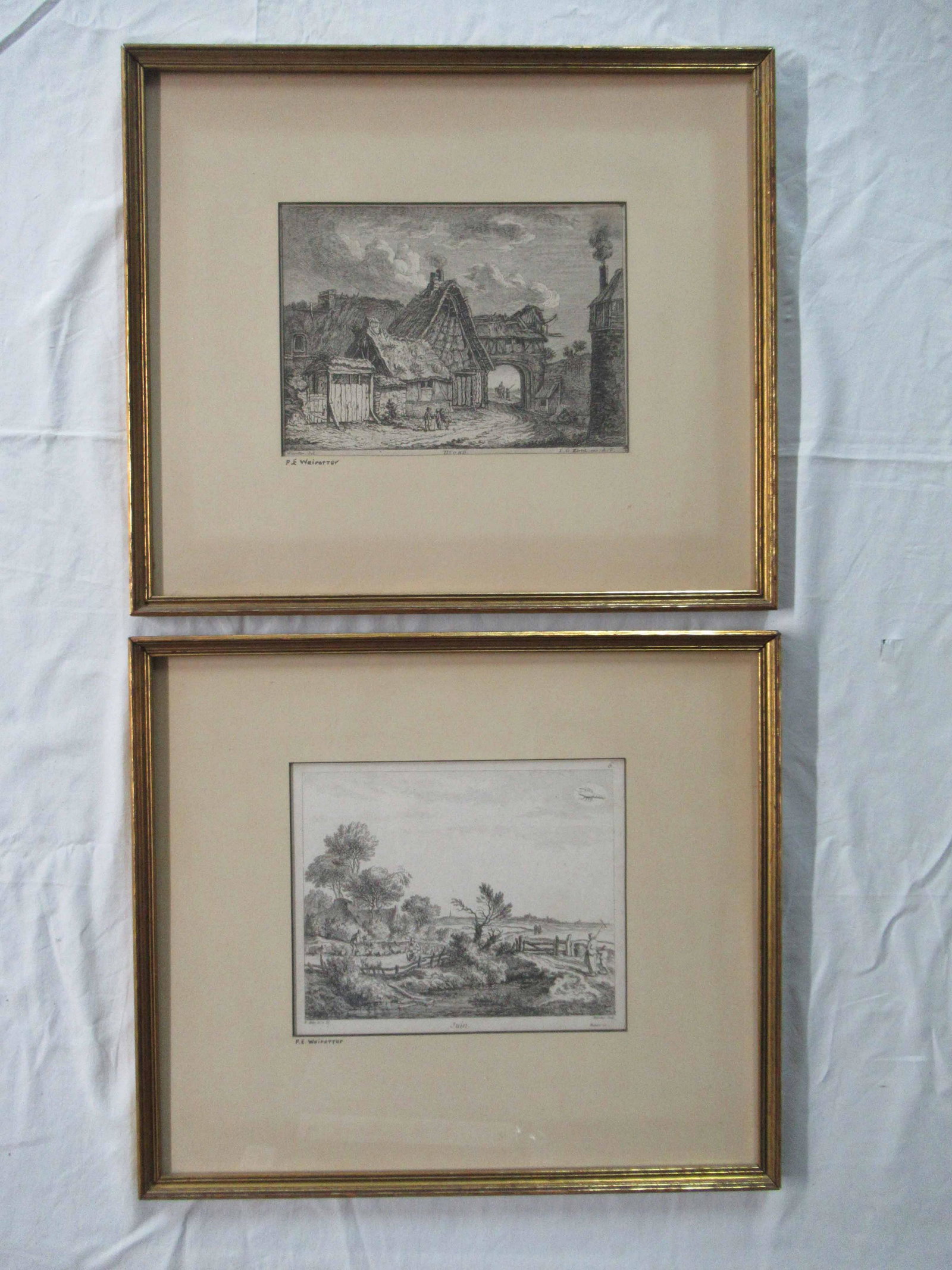 Two Franz Edmund Weirotter Engravings: Two Franz Edmund Weirotter Engravings, one depicting a cottage the other depicting farmers in field, used condition, framed size 14" x 16"