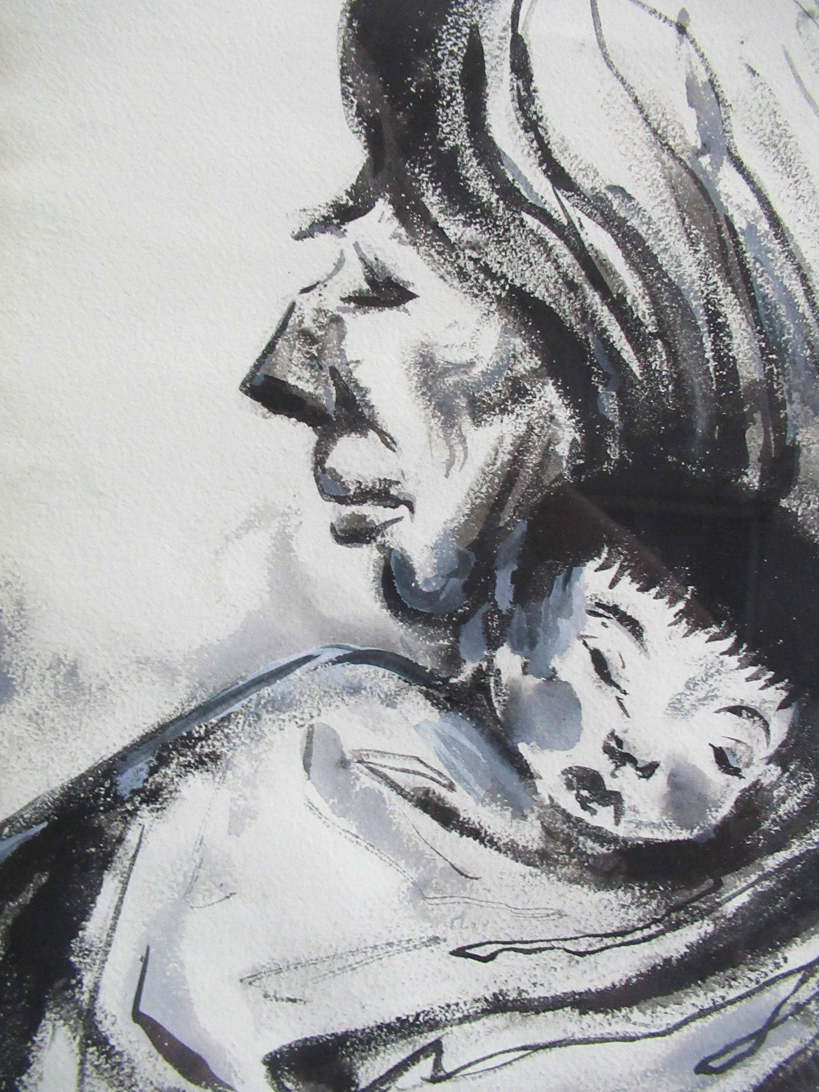 James Carlin Mixed Media of Mexican Mother&Child: James Carlin Mixed Media of Mexican Mother and Child, used condition, some burn to edges, image looks trimmed, framed size 17 3/4" x 13 3/4"