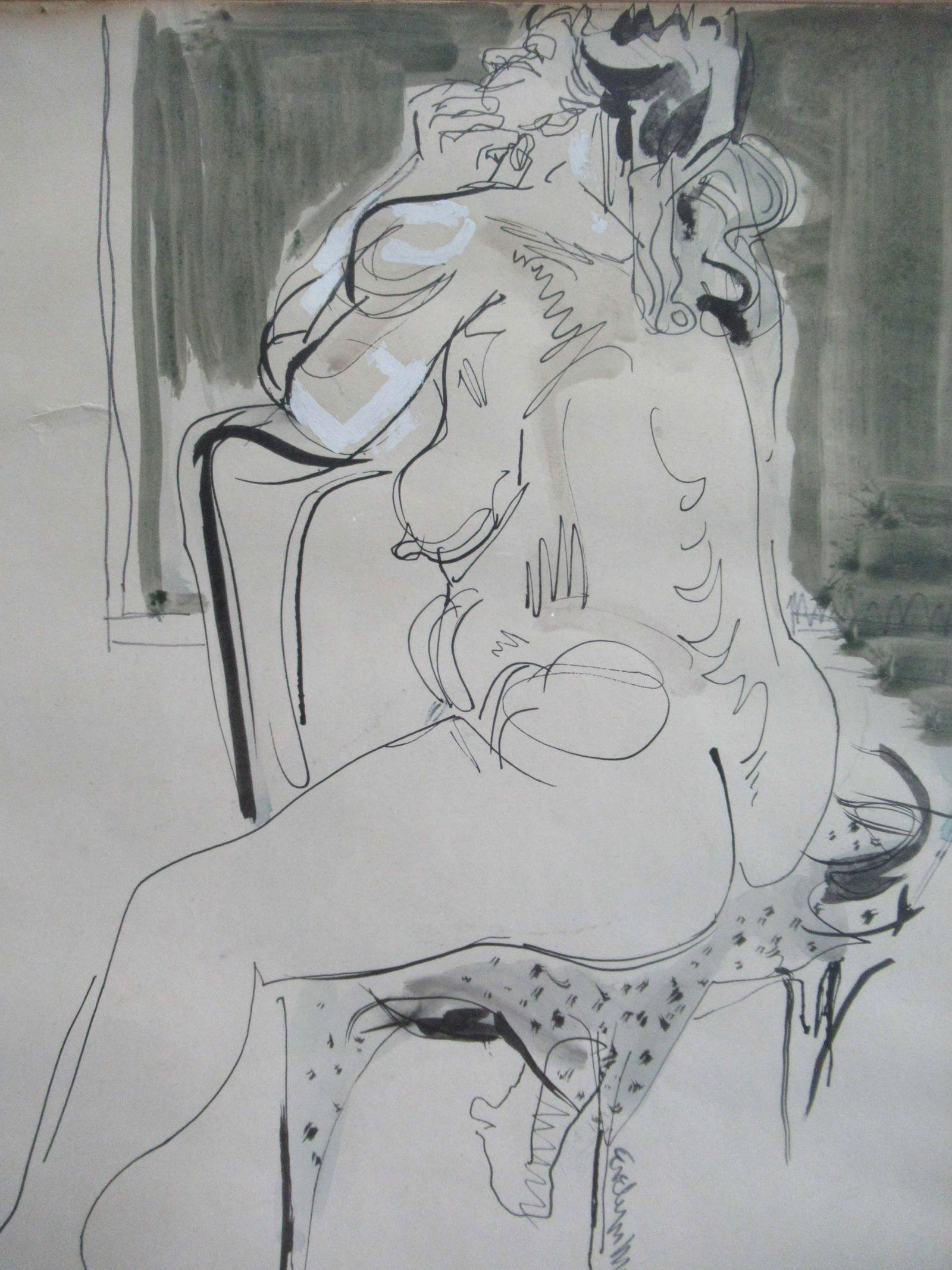 Pen and Ink Drawing of Seated Nude Woman: Pen and Ink Drawing of Seated Nude Woman, signed l.r. "Evelyn Mattharp 1974.", Used condition, some matte burn, framed size 20" x 17"