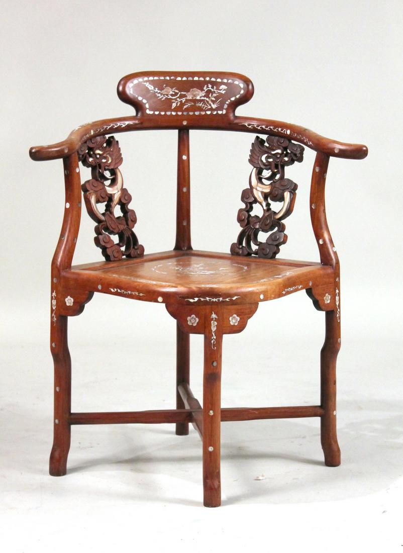 Chinese Mother-of-Pearl Inlaid Corner Chair: 20th C. 32"h