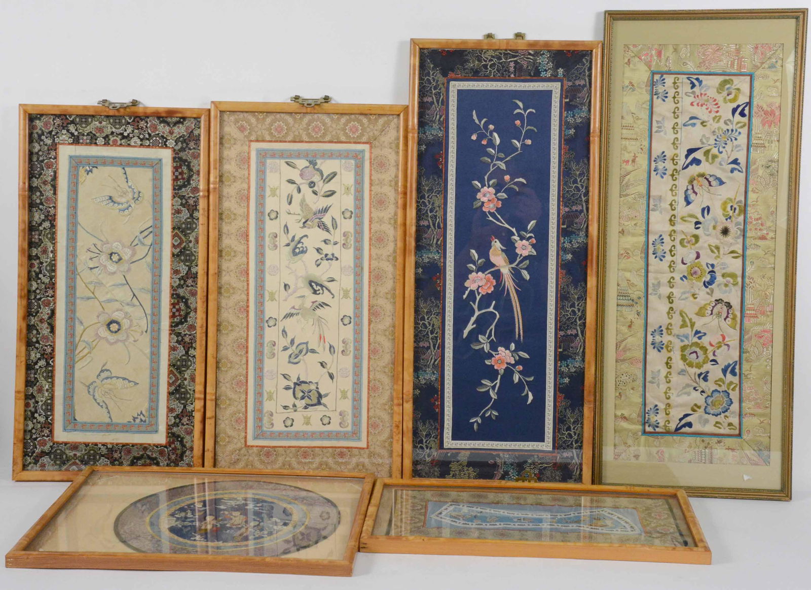 Six Framed Chinese Embroidered Silk Panels (1 of 13)