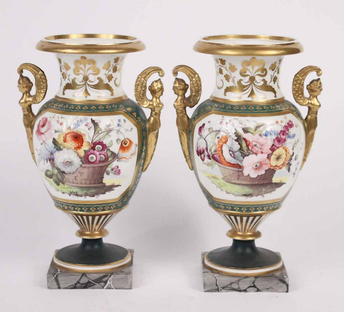 Pair of Painted Porcelain Double Handled Urns (1 of 8)