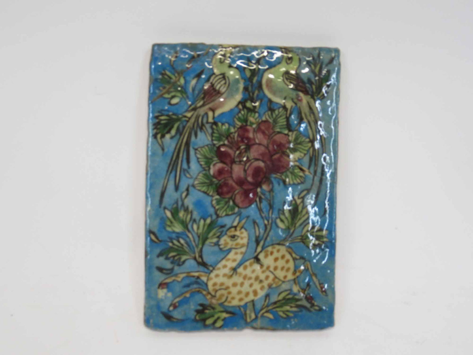 Faience Tile of Animals: Faience Tile of Animals, used condition, wear, worn, chips repairs.