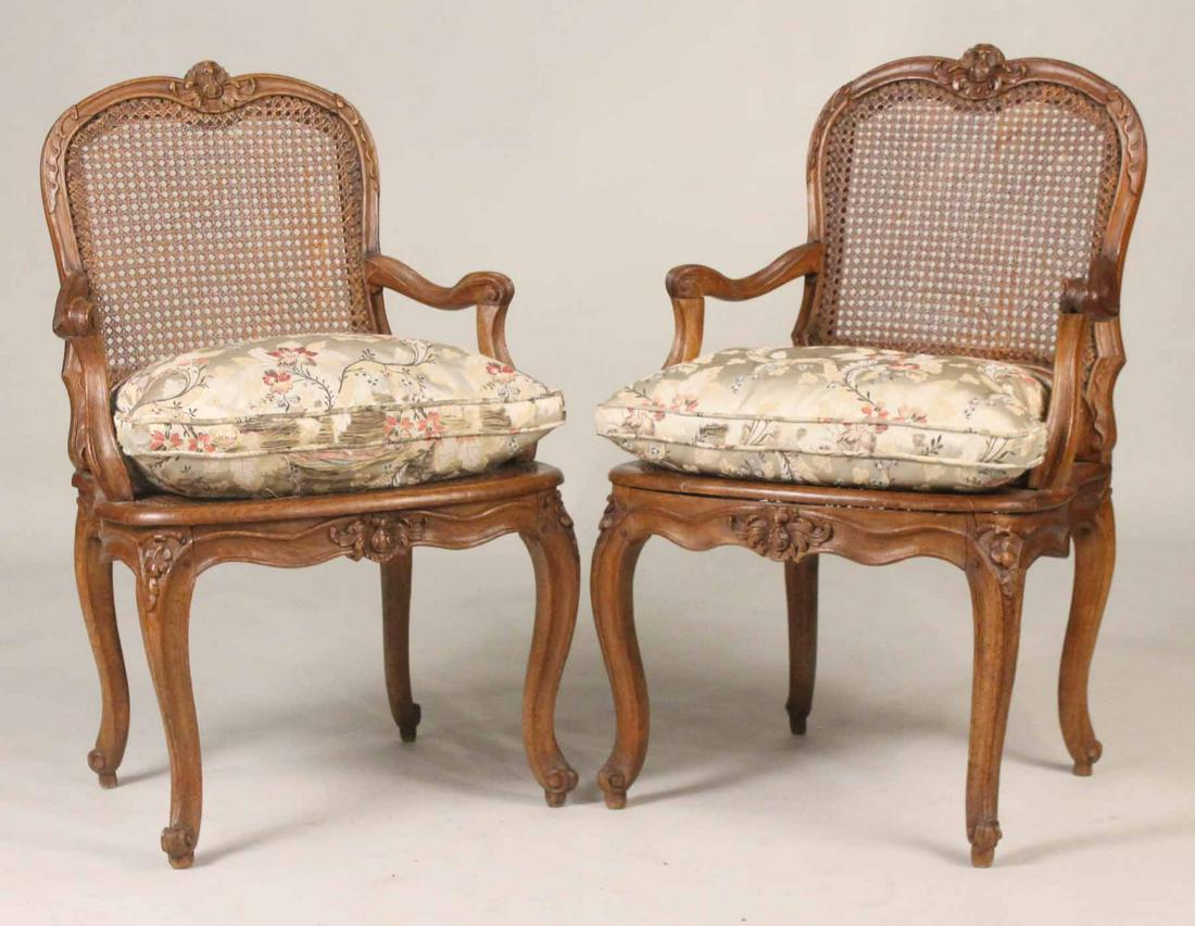 Pair of Louis XV Caned-Seat Fruitwood Fauteuil (1 of 10)