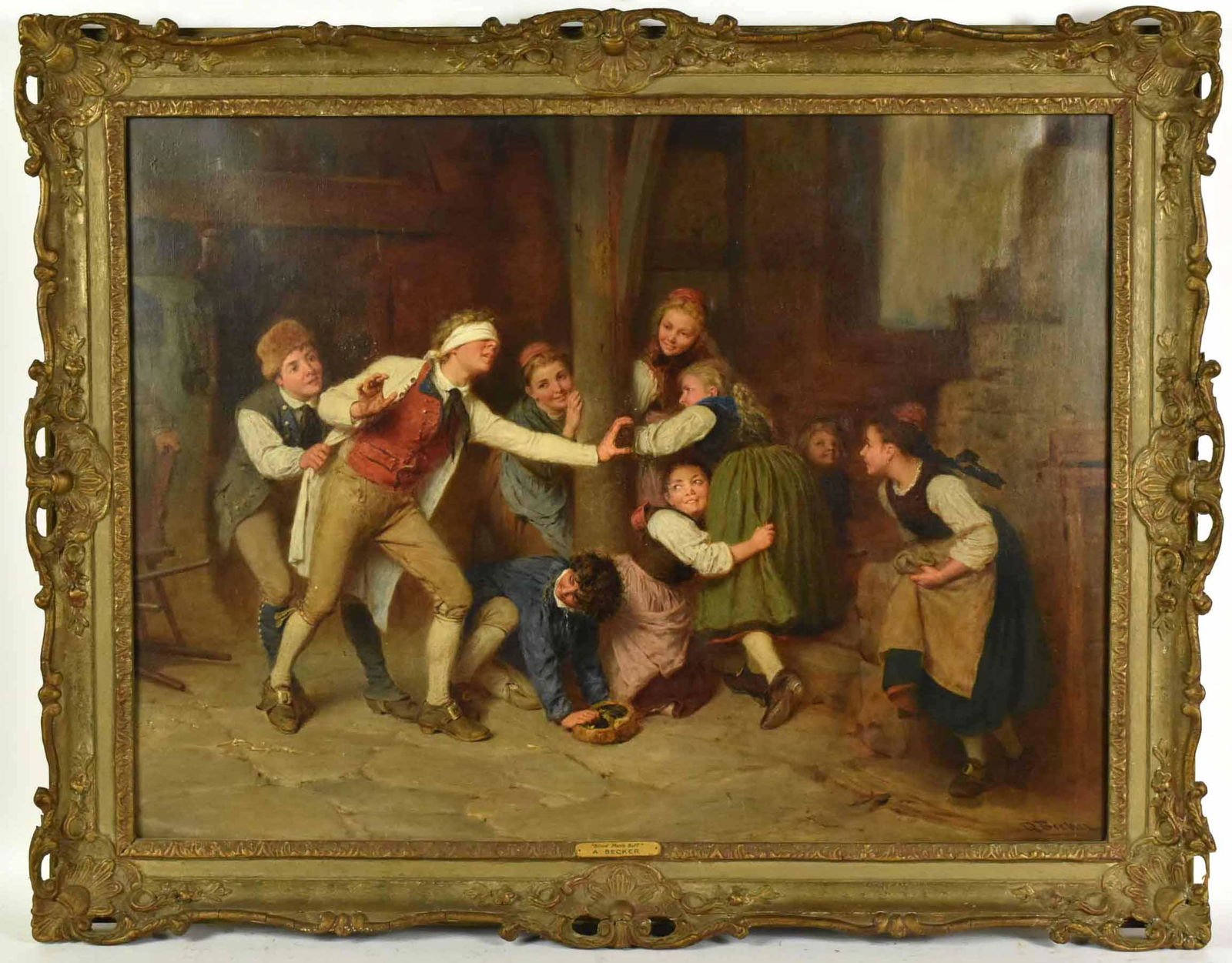 Oil on Canvas, "Blind Man's Bluff," Albert Becker (1 of 10)