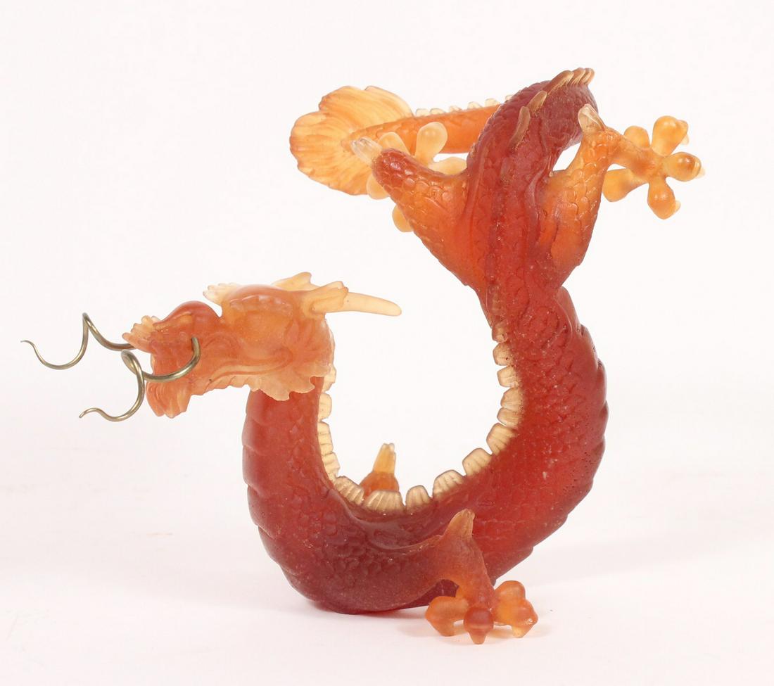 Daum Nancy Amber Glass Chinese Dragon: Together with a Daum fitted box.