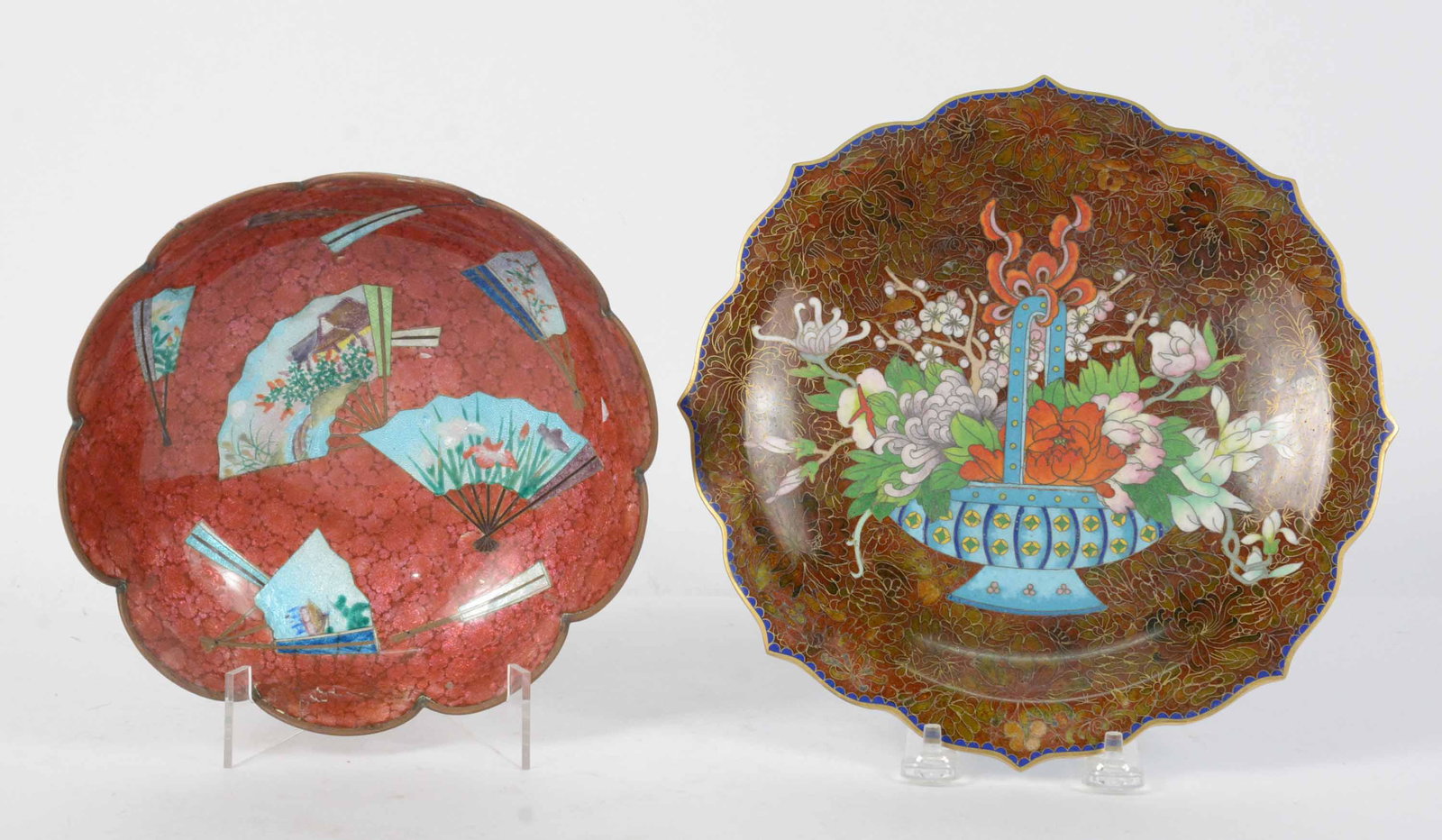 Two Cloisonne Dishes: One Japanese, Meiji/Showa period, with scalloped edge and a Chinese example with basket of flowers decoration. 2-1/4"h x 7-1/2"dia. and 9"dia.