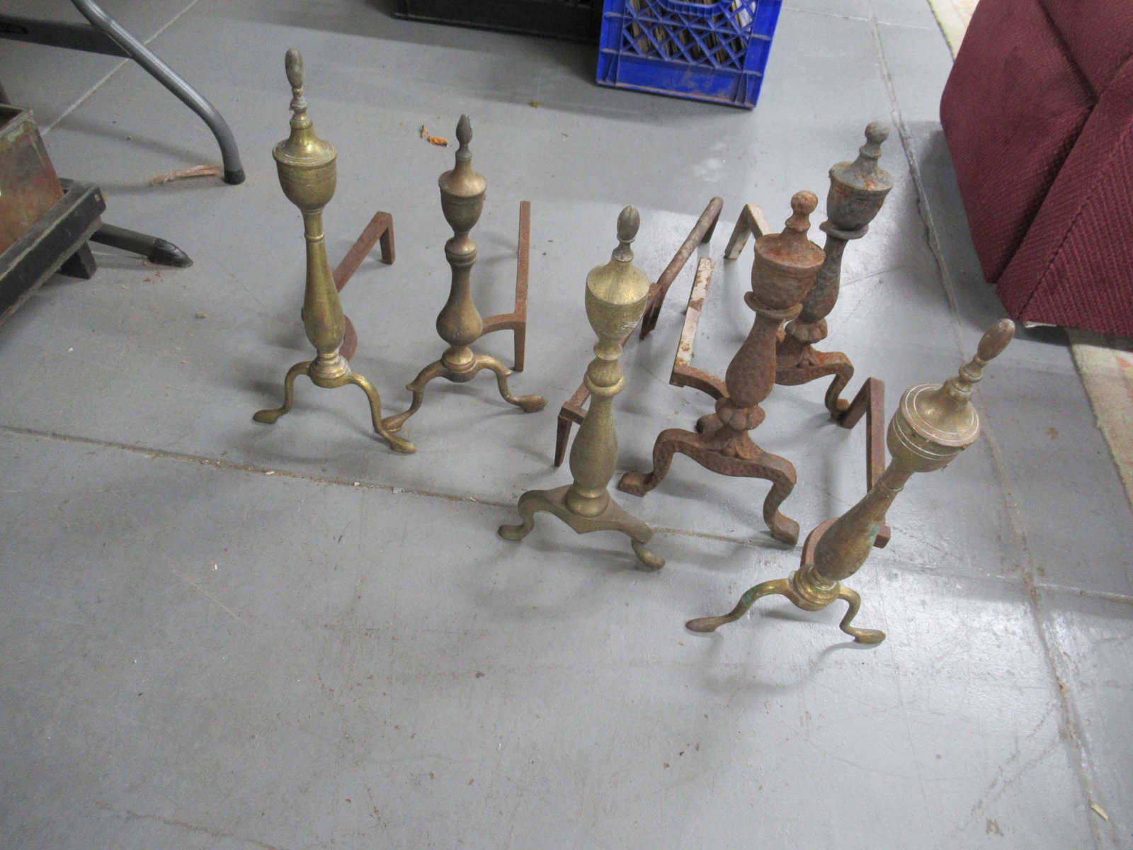 Group of Assorted Brass and Iron Andirons: Group of Assorted Brass and Iron Andirons. Used condition, wear, worn, surface distress.