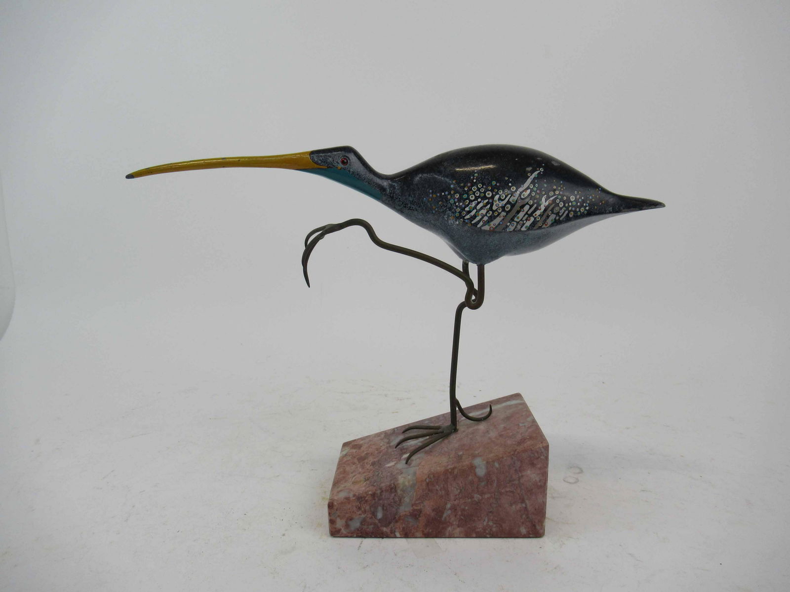 Painted Metal Curlew Bird with Bronze Legs: Painted Metal Curlew Bird with bronze legs on marble base. Signed on belly illegibly read. Used condition, wear, worn, chips, 10 3/4" T.