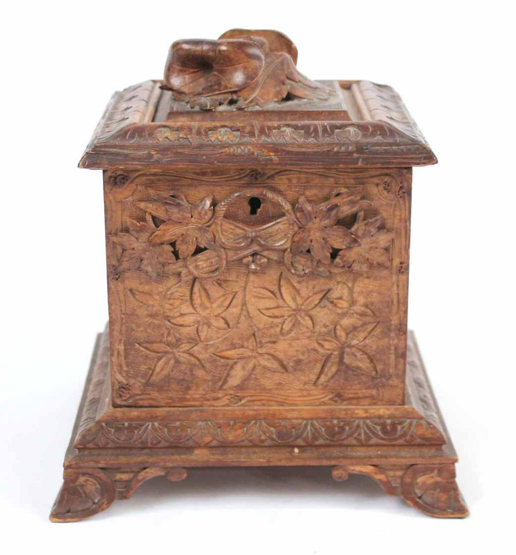 Wooden Carved Box with Leaves: Continental, 19th C. Tin lined, lacking lock. 8"h