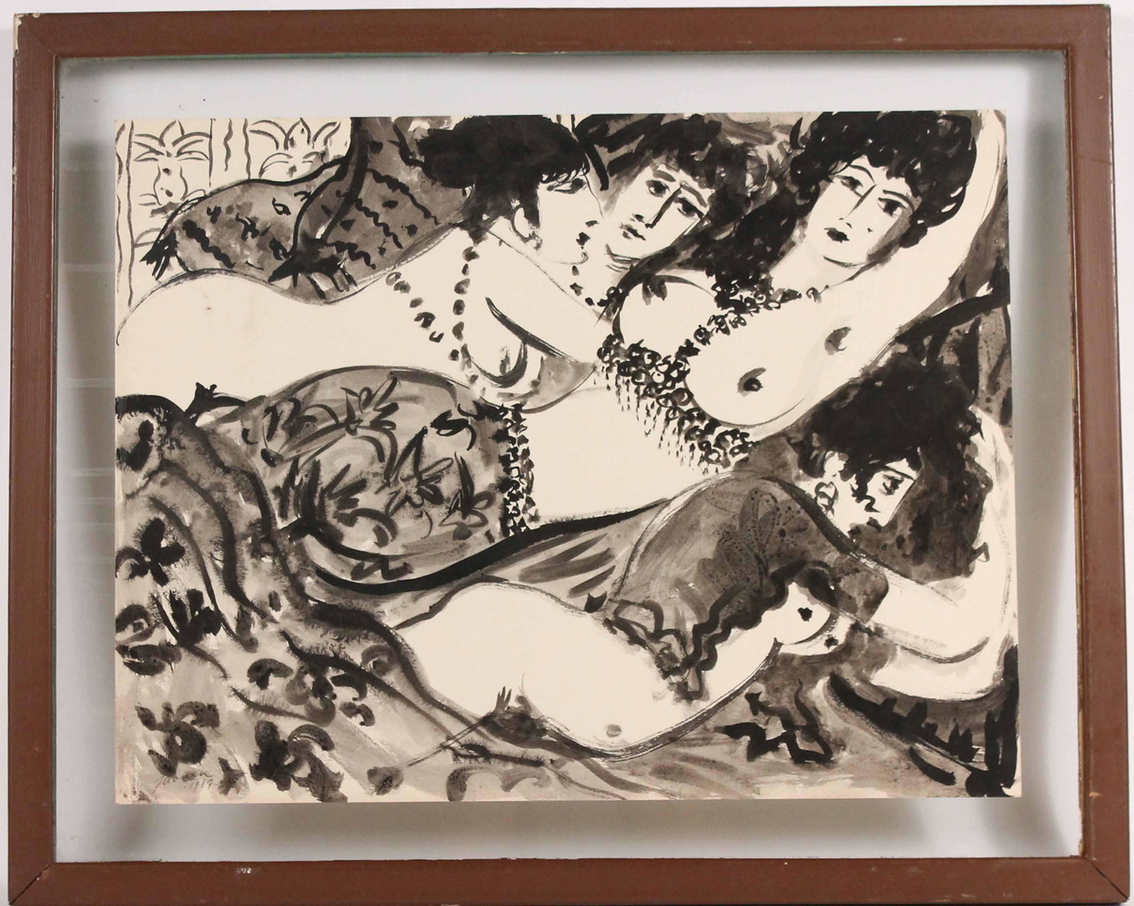 Ink on Paper, Reclining Nude Women, Jaoucn: Signed verso and l.l. "Jaoucn 1967." Sight size: 19-1/2"h x 25-3/4"w