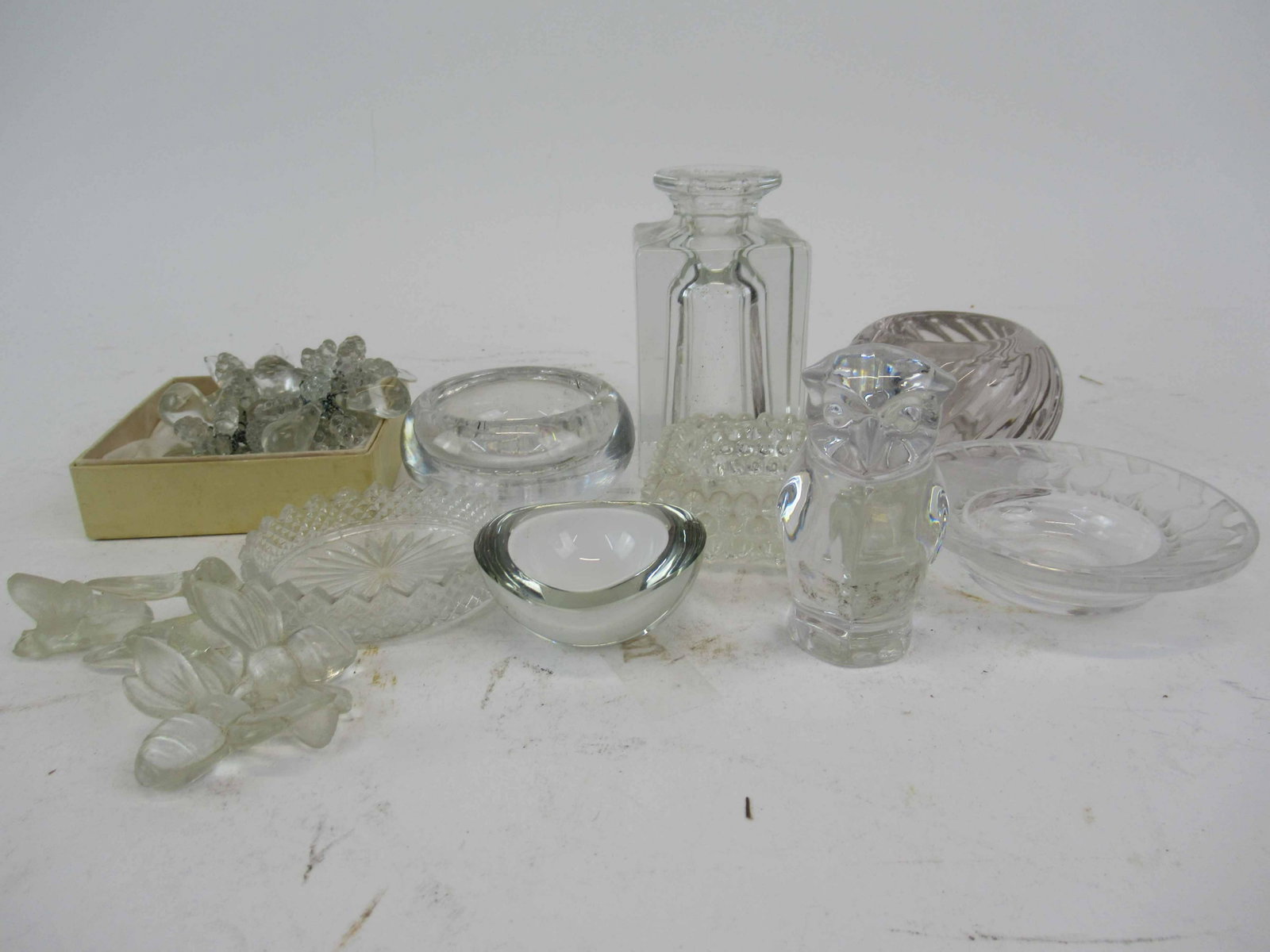Lalique Crystal Frosted Glass Bowl with Birds: Signed Lalique France Crystal Frosted Glass Bowl together with an owl paperweight signed, various votive candle holders, glass fruit, small scent jar/missing lid, glass bees, and signed small French b