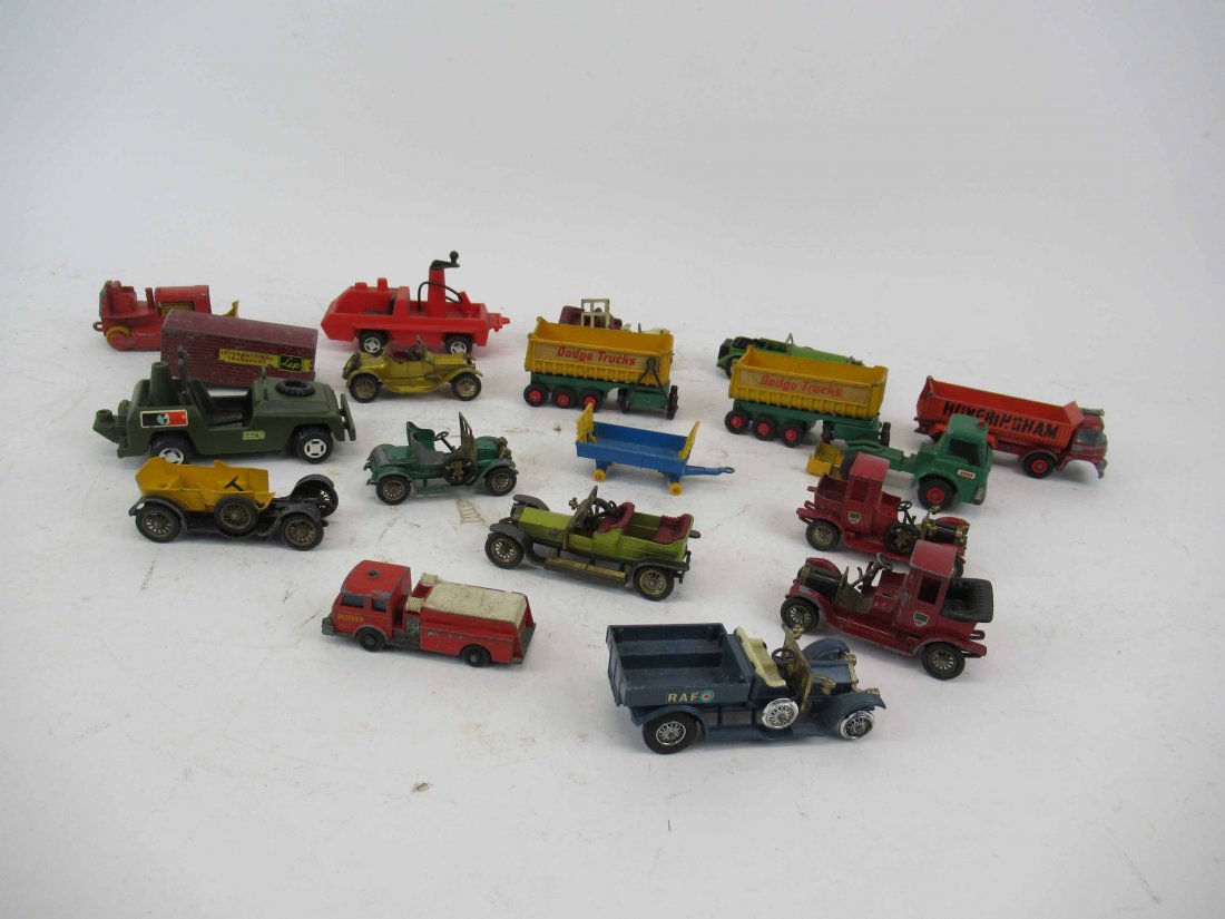 Assorted Toy Cars and Trucks, Matchbox Lesney: Assortment of Toy Cars and Trucks including Matchbox Lesney, used condition, wear/worn, may be missing pieces.