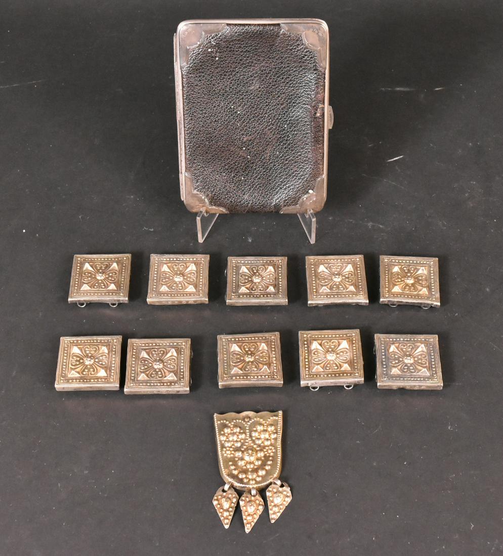 Ten Danish Silver Square Pierced Square Plaques: Stylized center flower, possibly belt links, with face motif chased end, each square, 1-3/4"squ., total weight approx. 2 T.O Together with a German 925 silver mounted black leather purse, hallmarked o