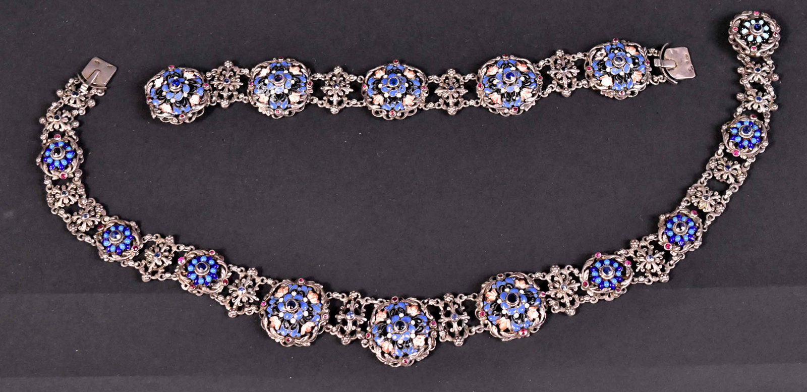 Vintage Silver and Enamel Necklace Set: Continental, Hungarian, Necklace and bracelet in blues, pink and white. 15"l and 7"l Provenance: Property from the Collection of Myrna and Bernard Posner.