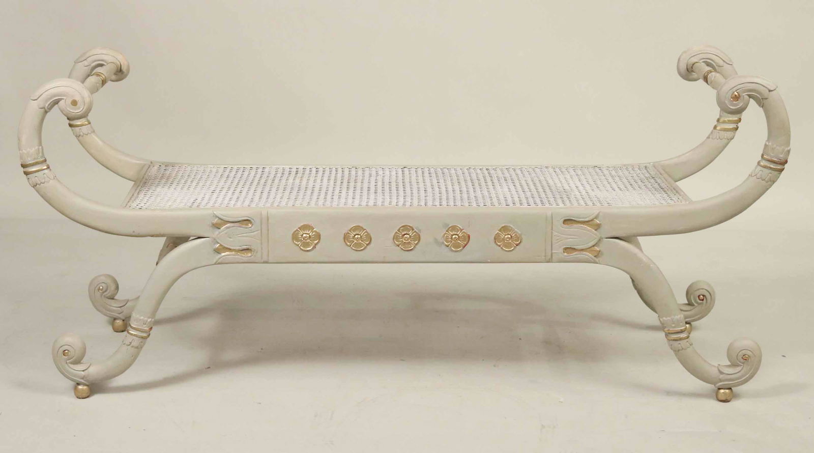 Regency Painted and Caned Window Bench: English, 19th C. with scroll ends. 25"h x 4'8"w x 16"d