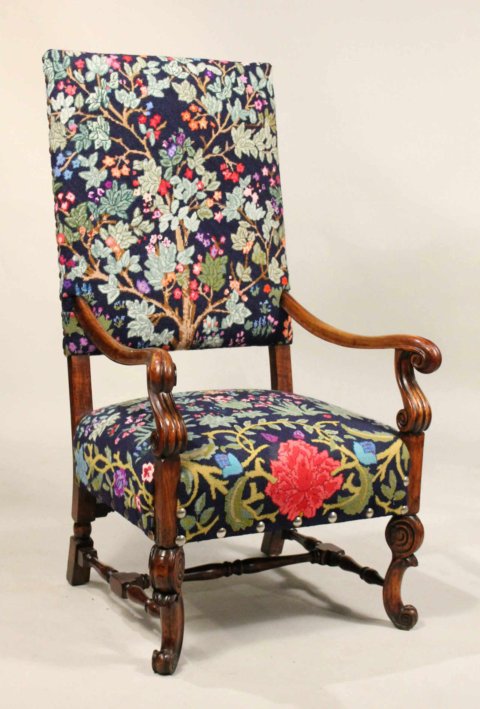 Baroque Style Walnut Armchair: Flemish Taste, 20th C., of impressive size. 4'4-1/2"h x 27"w