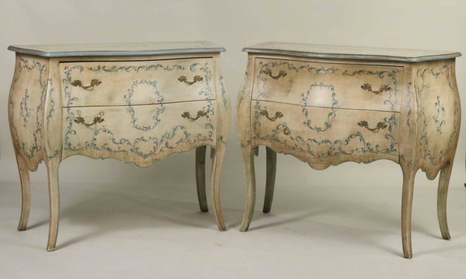 Pair of Neoclassical Style Painted Commodes: In the Italian tradition, 20th C. 34"h x 39-1/2"w x 18"d