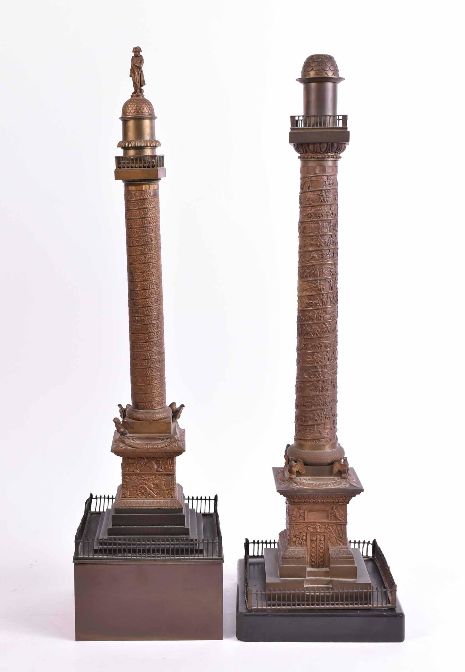 Two Bronze Grand Tour Trajan's Column Models: French, 19th/20th C. one fitted as a thermometer. Some losses, fence loose and bent. 23"h and 23-1/2"h