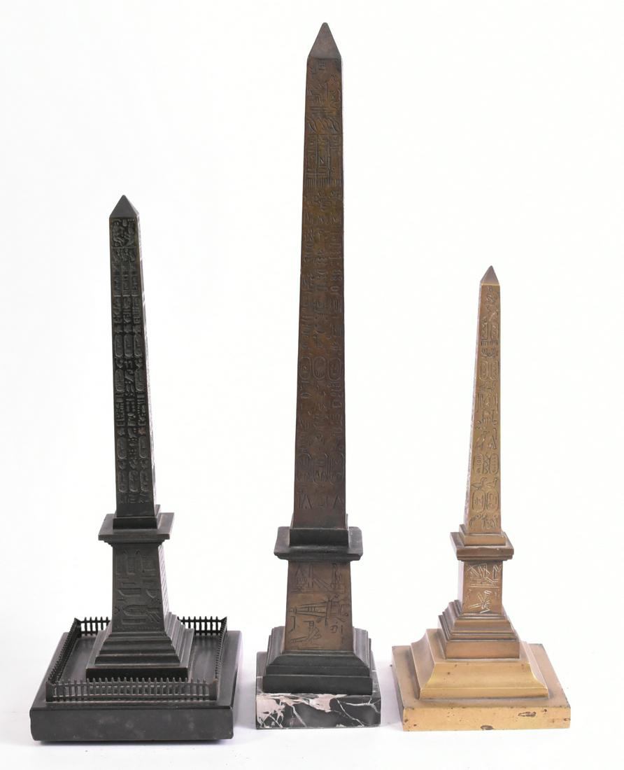 Three Metal and Stone Cleopatra's Needle Models: French, 19th C. one mounted as a thermometer, one with inscriptions. One loose from base. 10-3/4"h to 16"h