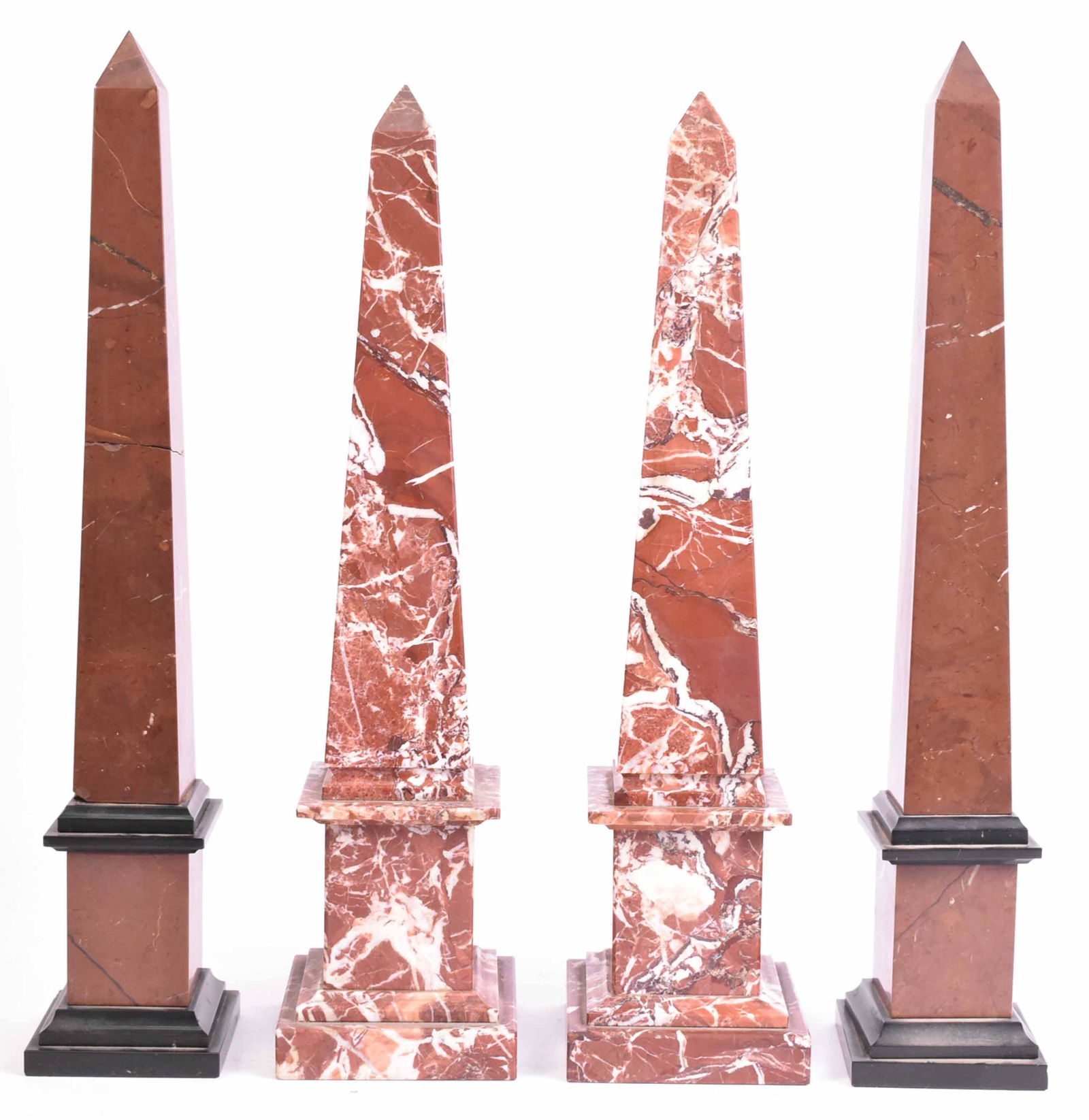 Two Pairs of Rouge Marble Obelisks: French, 19th/20th C. One cracked. 18"h and 19"h