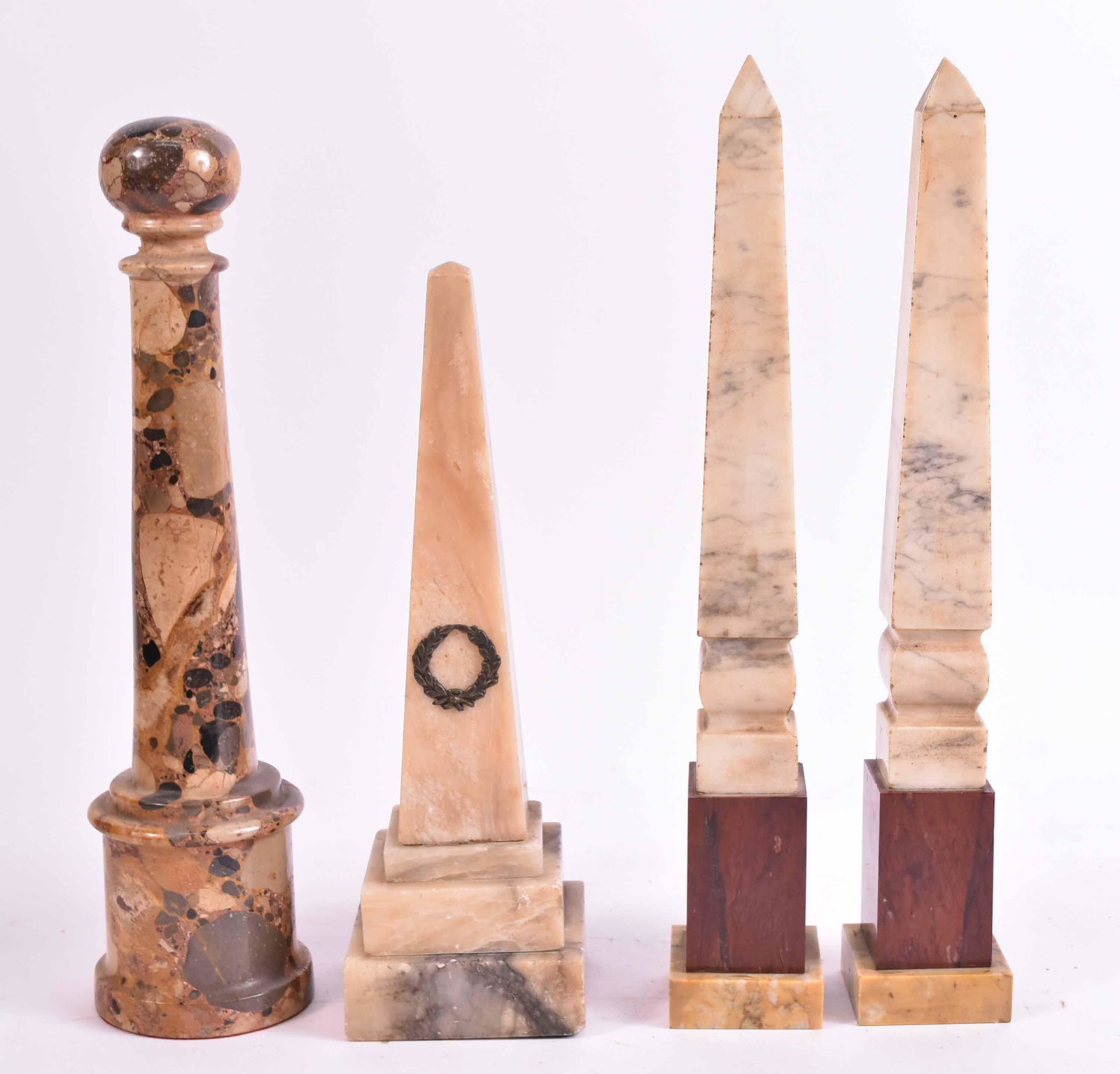 Four Marble and Alabaster Obelisks: French, 19th/20th C. Chips, losses. 12"h to 15"h