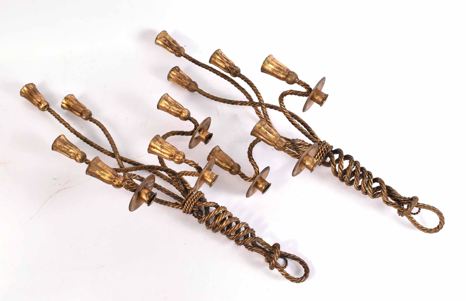 Pair of Gilt-Metal Rope and Tassel Sconces: Made in Italy, 20th C. 29"h x 11-1/2"w x 6-1/2"d