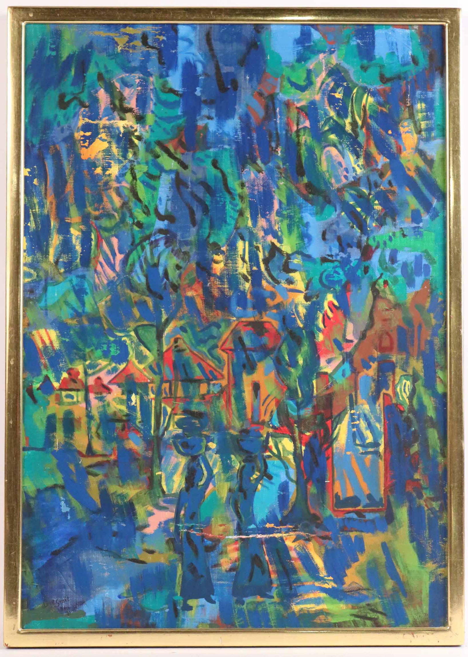 Oil on Canvas, Arie Smit, Bali Abstract in Blues: (Indonesian 1916-2016) Entitled, "Atmosphere in Bali 11". Signed ll. 27"h x 18"w