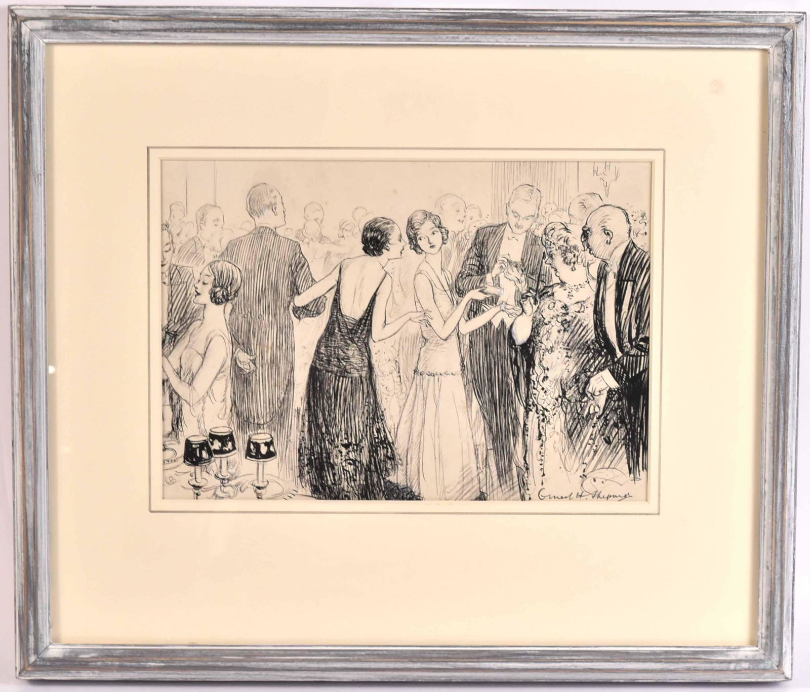 Pen and Ink, Party Scene, Ernest H. Shepard: Ernest Howard Shepard (English, 1879-1976), titled "Am I showing too much ear?" Exhibited by The Fine Art Society, No 281 in the Exhibition of E. H. Shepard, December 2006. Sight size: 7-1/2"h x 10-3/