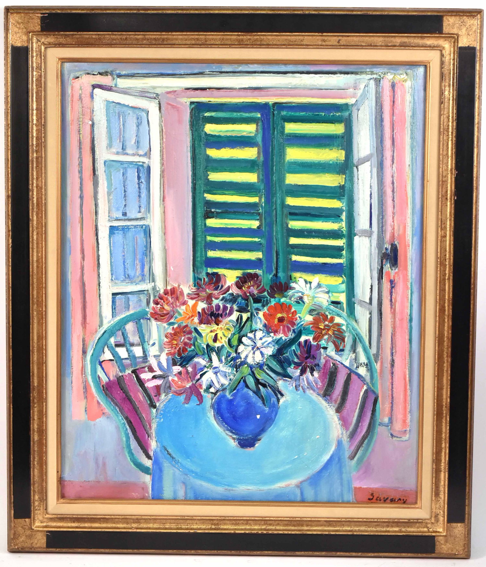 Oil on Canvas, Flowers on Table, Robert Savary: (American, 1920-2000) signed l.r., titled "Zinias aux Voleta cles." Sight size: 28"h x 23"w
