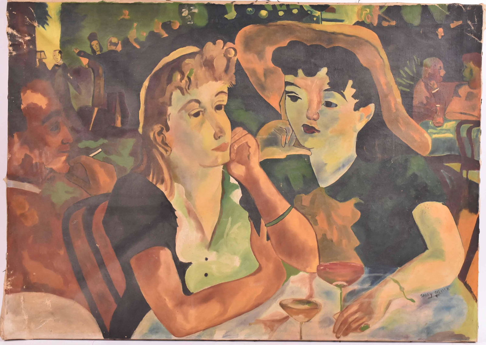 Oil on Canvas, Figures in a Cafe, Sally Heller: 20th C. Signed l.r. "Sally Heller." Not fully attached to stretcher, remounted at a later date. 25"h x 35"w