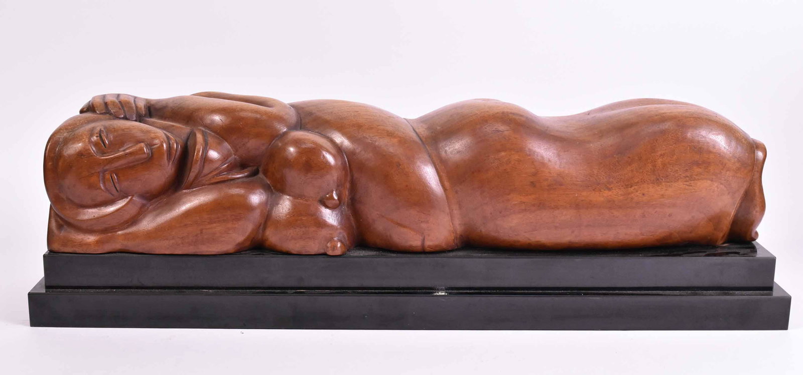Wood Sculpture of Reclining Woman, Clara Shainess: (American 1896-1987) Inscribed verso. Clara Shainess, NY artist, listed in "Who's Who of American Woman" and "Who's Who in American Art". 8"h x 28"w x 6-1/2"d