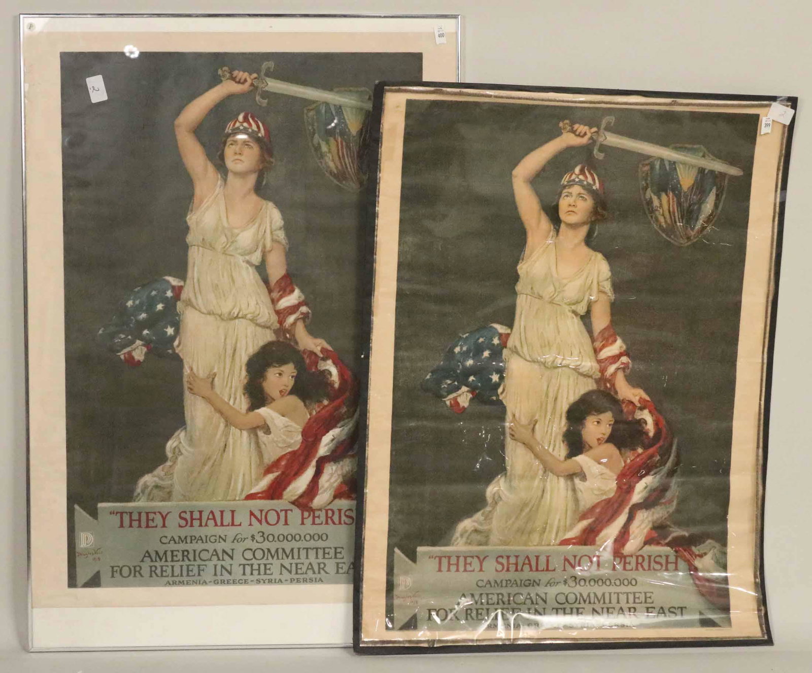 Two WWI "They Shall Not Perish" Posters: One unframed, from the American Committee for Relief in the Near East, Armenia, Greece, Syria, and Persia. Losses and tears to edges. Sight size: 39-3/4"h x 29-1/2"w