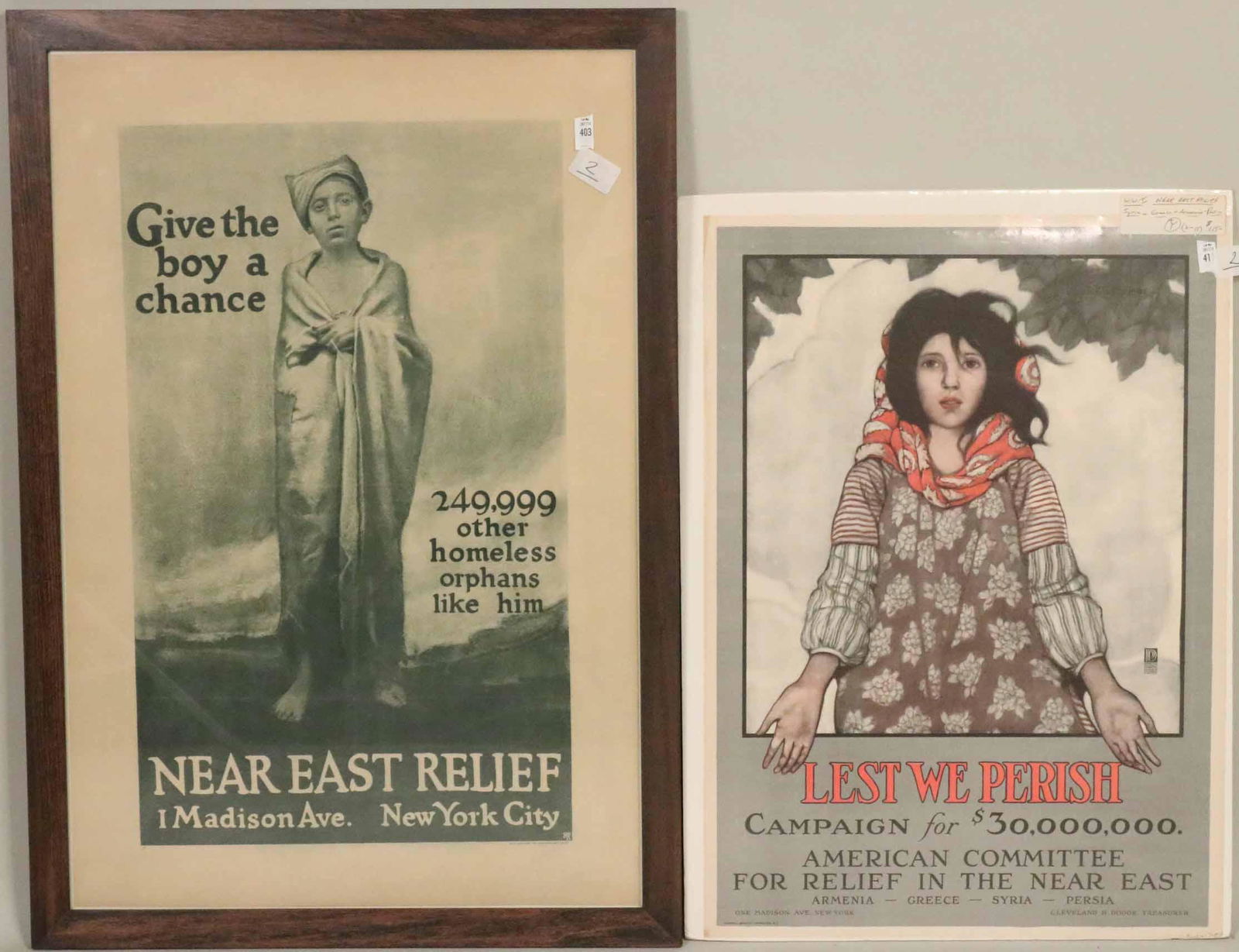 Two WWI Propaganda Posters, Near East Relief: Comprising, "Lest We Perish," campaign for $30,000,000, and "Give the Boy a Chance, 249,999 Other Homeless Orphans Like Him." One unframed. Sight size: 28-1/4"h x 20"w and 33"h x 22"w