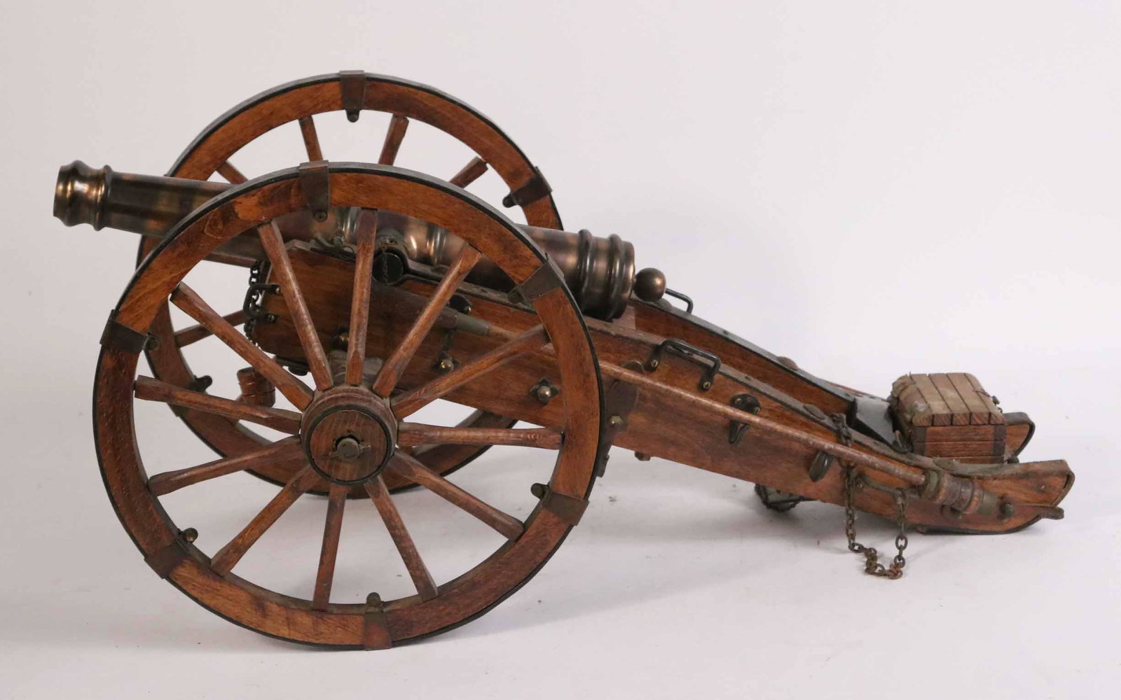 French Wood and Metal Starter Cannon: 19th C. Some losses and distress. 11-3/4"h x 25"l x 14"w