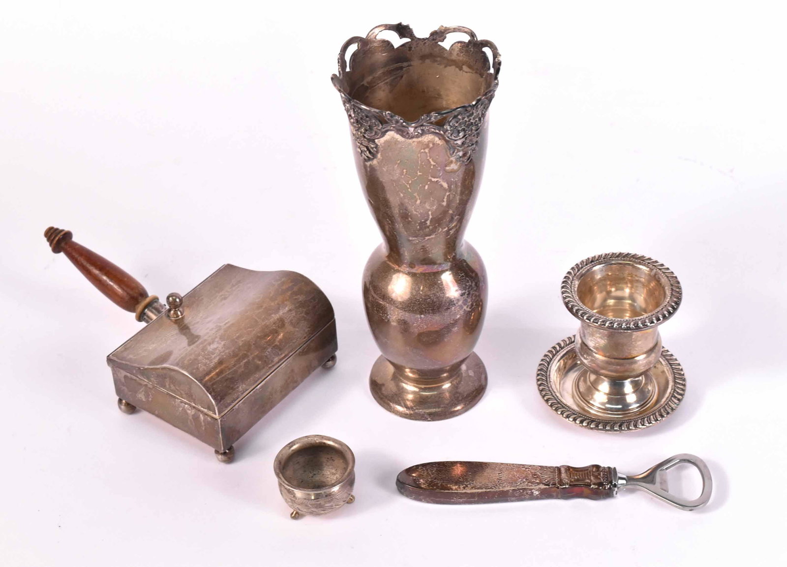 Gorham Sterling Silver Vase: 8"h, weight approx. 6 T.O. Together with a Mexican wood lined sterling silver handled box, an Arrowsmith cigarette urn, and matching small circular dish, Russian footed salt cellar, and a sterling sil
