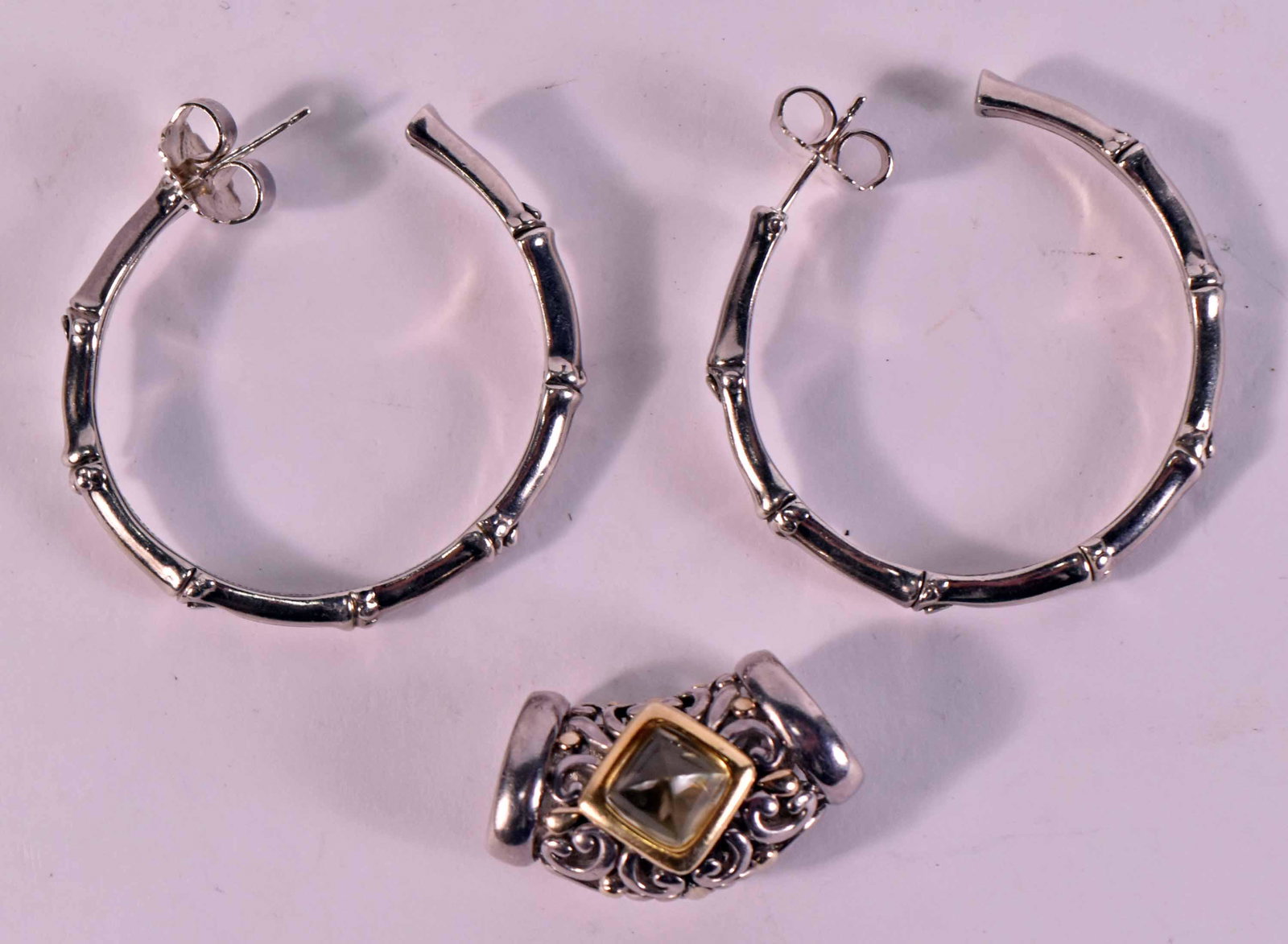 Pair of John Hardy Sterling Silver Bamboo Earring: Large hoop earrings, engraved interior "This Planted 8 Bamboos on Nusa Penida JH 925, 1-1/2"d, weight approx. 8.50dwts. Together with John Hardy sterling silver & 18K yellow gold and citrine slide pen