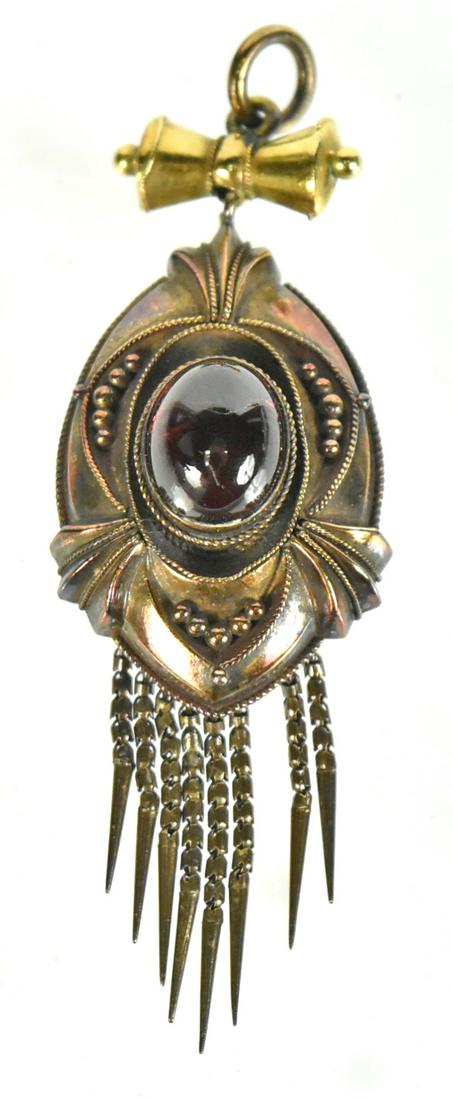 Victorian Gold & Garnet Tassel Mourning Pendant: 19th Century, oval cabochon garnet within rope form border with beaded and wirework decoration suspending a row of graduated tassels, window on reverse, gross weight approx. 4.00dwts, 2-1/2"l.