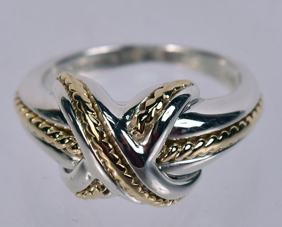 Tiffany & Co Sterling Silver 18K Yellow Gold Ring: Stamped Tiffany & Co 925 750, "X" design, ring size 6, weight approx. 4.35dwts