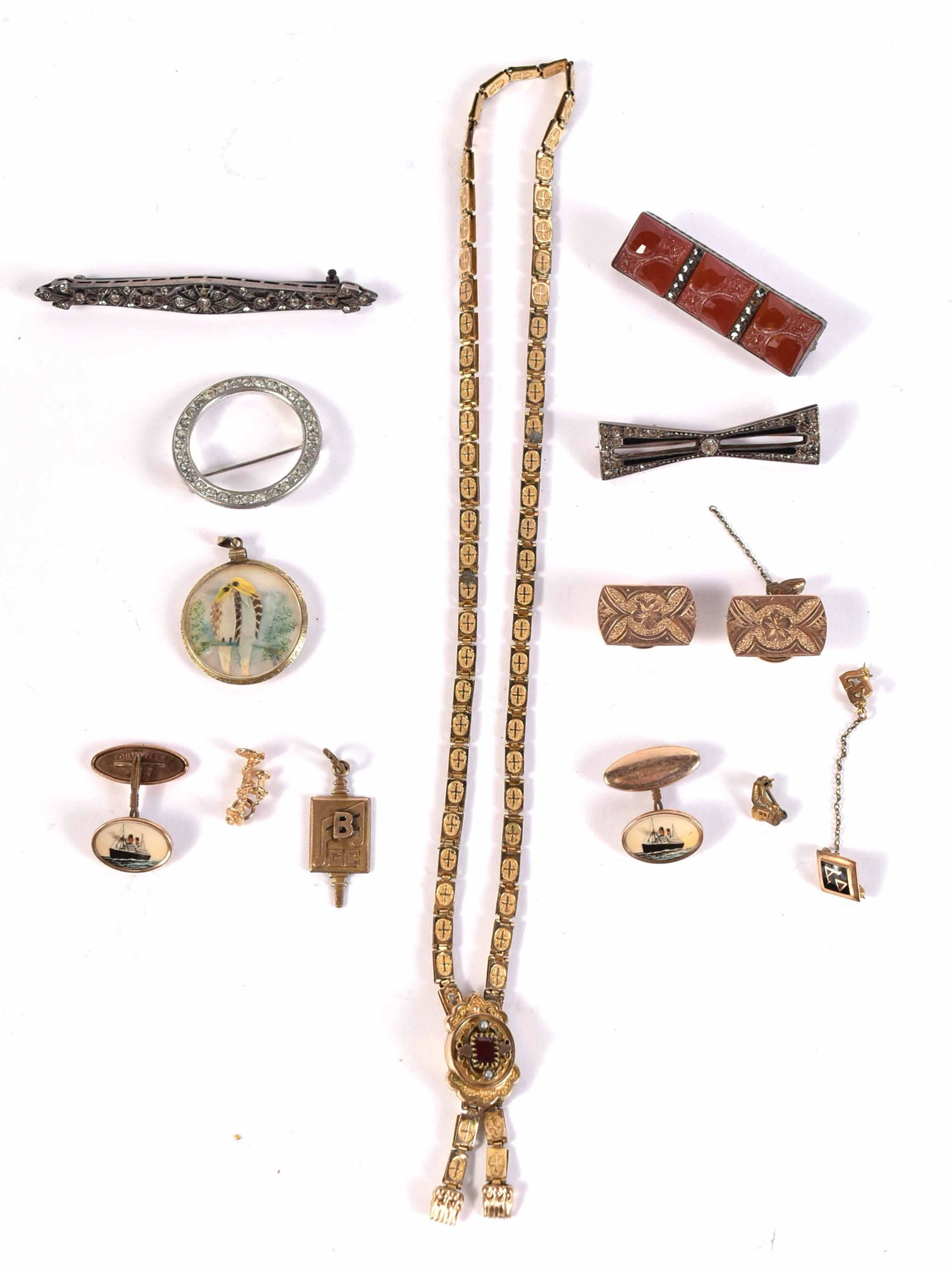 Group Of Gold Filled Jewelry: Including pins and pendants.