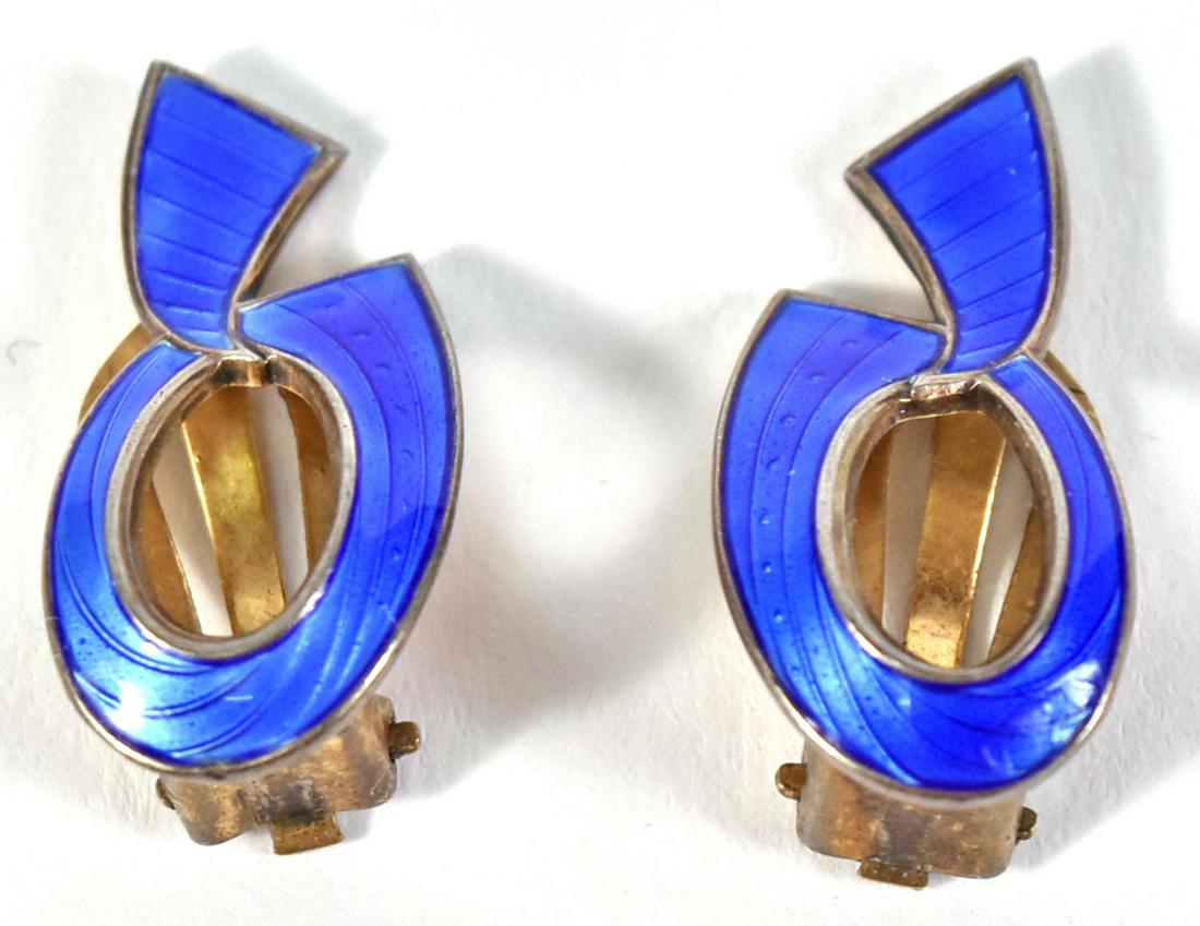 Pair David Andersen Sterling Silver & Blue Enamel: Ear Clips, ribbon form, each 1"l.