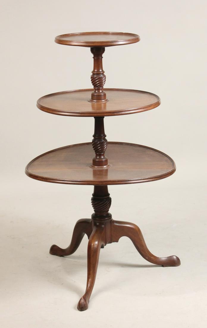 George III Mahogany Three Tier Dumbwaiter: English, late 18th C. 43"h x 26"dia.