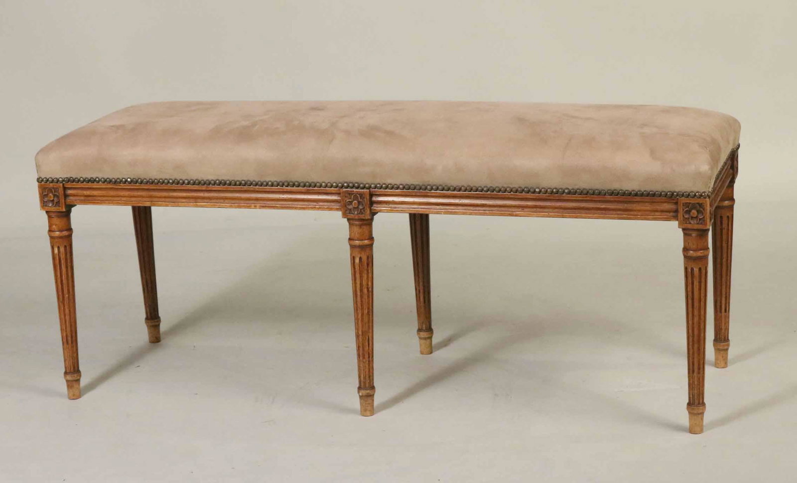 Louis XVI Style Fruitwood Window Seat: 20th C. Stains to fabric. 18-1/2"h x 46-1/2"w x 15-1/2"d